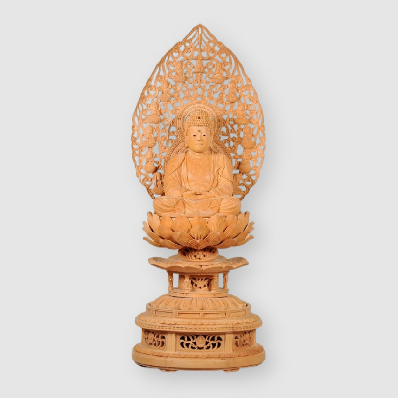 桧 釈迦如来座像 本柘植 金剛蓮華台座（手彫）十三仏光背（一枚材 手彫